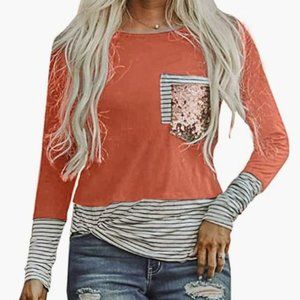 Women's Fashion Printed Color Block Long Sleeve Tops Patch Pocket Tunic Shirt